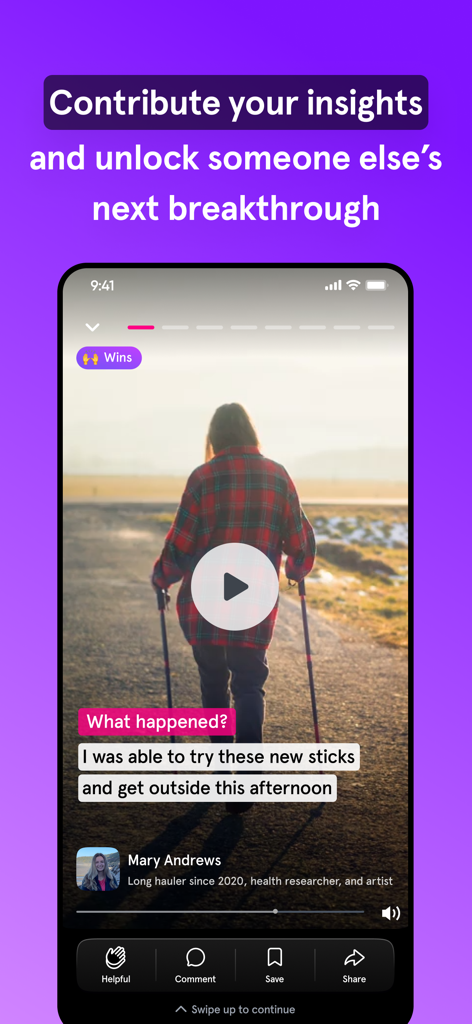 Interface showing a user sharing a health breakthrough video on the Turnto app
