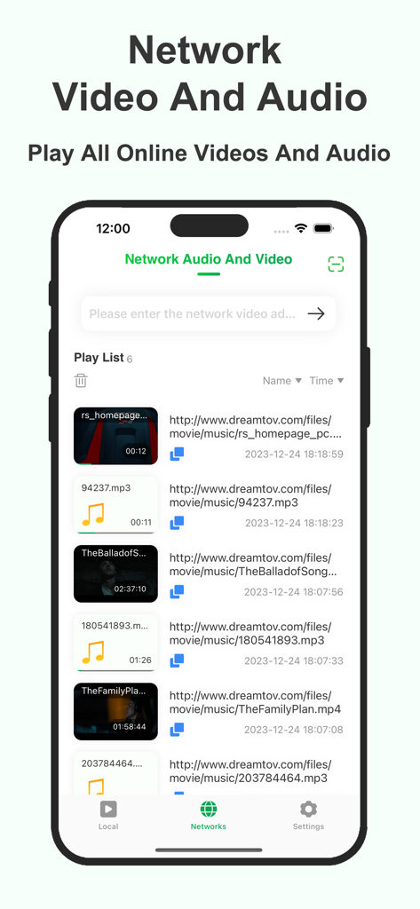 Galaxy Player - iPhone interface of Galaxy Player app showing a list of network-hosted video and audio files for online streaming.