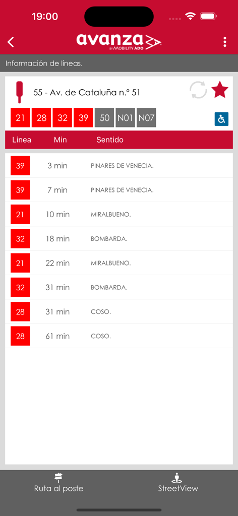 Horarios de llegada de autobuses en tiempo real y números de línea mostrados en la app Autobuses Urbanos de Zaragoza.
