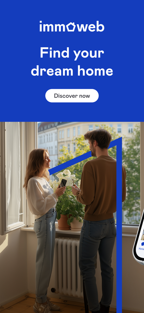 Immoweb app welcome screen with a couple in a new apartment and text saying Find your dream home