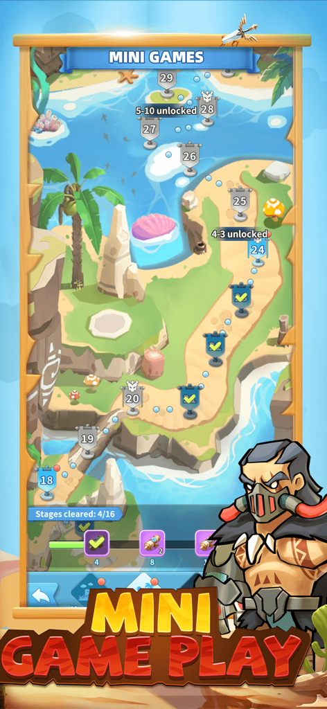 Hero Clash - Mapa de progressão de nível de mini-jogo temático de ilha de Hero Clash com ilustração de personagem