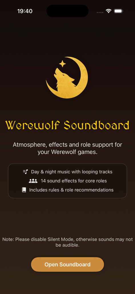 Werewolf Soundboard - Intro screen of the Werewolf Soundboard app featuring a howling wolf logo and feature descriptions