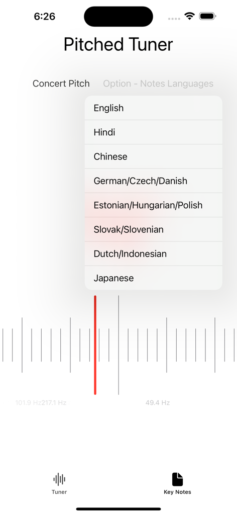 Pitched Tuner - La aplicación Pitched Tuner muestra un menú de selección de idioma para notas musicales en su interfaz.