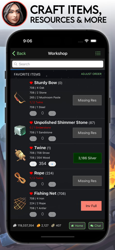 Farm RPG: Semi-Idle MMORPG - La schermata dell'officina in Farm RPG che mostra un'interfaccia basata su menu per creare oggetti come un Arco Robusto e una Rete da Pesca con i requisiti di risorse.