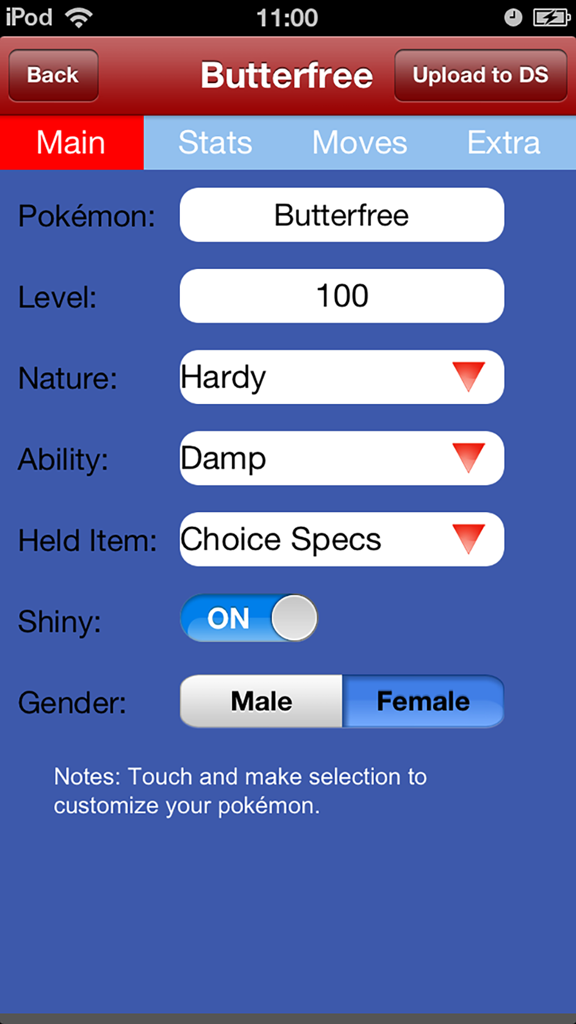 PokéTools for Pokemon - 100레벨 버터플의 커스터마이징 옵션을 보여주는 PokéTools 포켓몬 기본 편집 화면