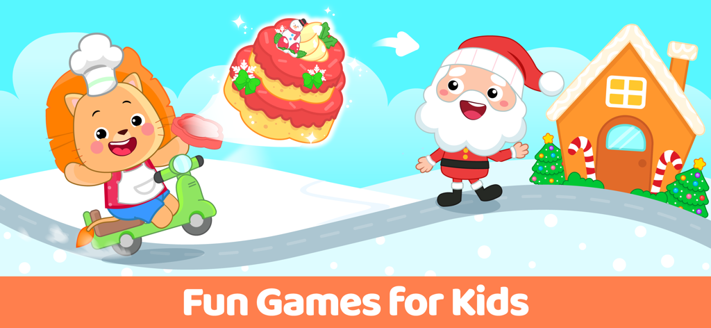 Cake Maker Kids Cooking Games - Chef león de dibujos animados entregando un pastel de Navidad a Santa Claus en un scooter.