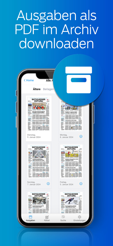 BZ ePaper - Bildschirm des BZ ePaper-Archivs, der vergangene Zeitungsausgaben anzeigt, die zum PDF-Download verfügbar sind