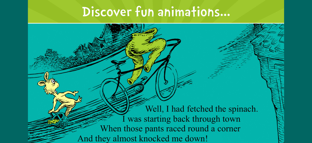 Interactive scene from the What Was I Scared Of app featuring a character encountering empty green pants on a bicycle