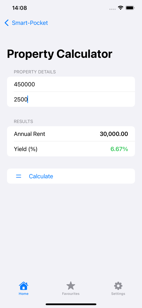 Smart-Pocket - Pantalla de la calculadora de propiedades de Smart-Pocket que muestra el cálculo del alquiler anual y el porcentaje de rendimiento
