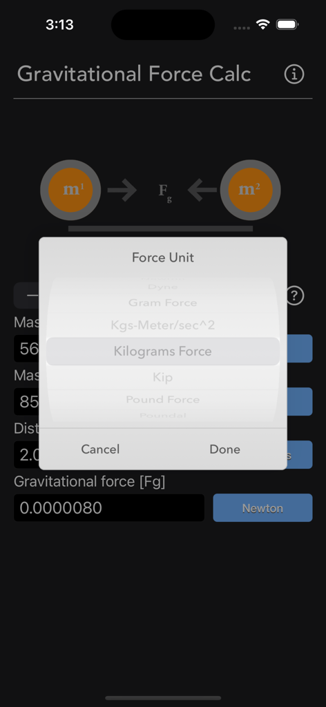 Gravitational Force Calculator - A unit selection wheel showing various force measurement options like Kilograms Force and Pound Force in the Gravitational Force Calculator app.