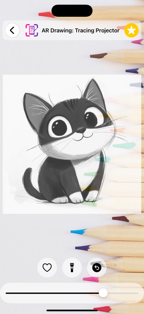 A cartoon kitten sketch template for tracing in the AR Drawing app
