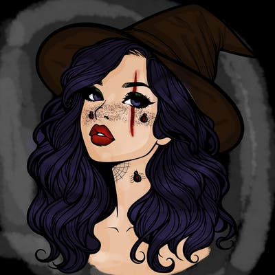 realistic witch girl with wavy hair and lips