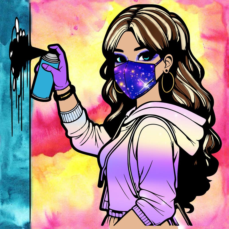 realistic girl with mask spray painting a wall