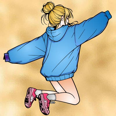 realistic girl jumping with a bun and oversized sweatshirt