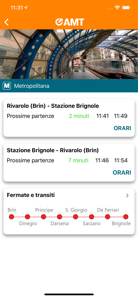 AMT Genova mobile app screen showing real-time metro departures and route map for the Genoa subway system