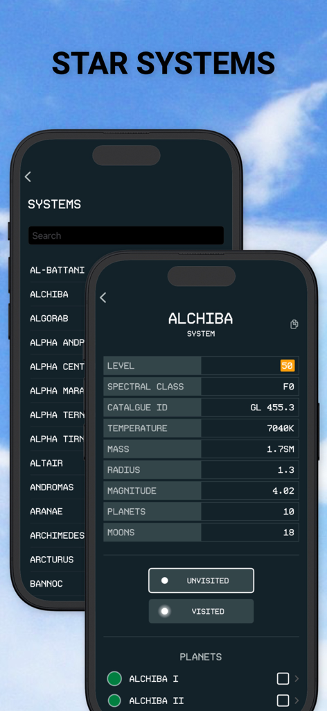 Companion & Guide for SF - Interface do aplicativo móvel mostrando a lista de sistemas estelares e dados detalhados para Alchiba no guia companheiro de Starfield