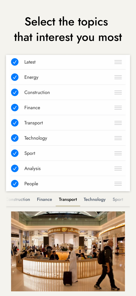 AGBI - AGBI mobile app screen showing a list of selectable news topics including energy finance and transport
