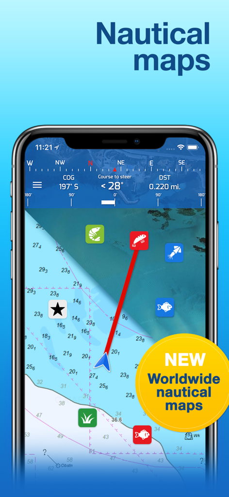 Fishing Points: Map & Forecast - Fishing Points app interface displaying detailed worldwide nautical maps with depth contours and navigation waypoints