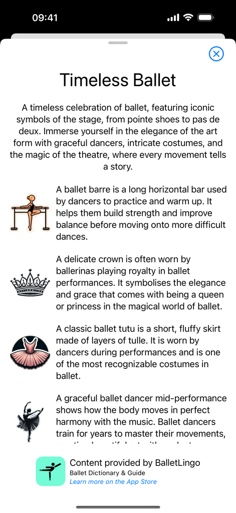 Memory Matcha - Educational information screen in Memory Matcha featuring ballet terminology and illustrations provided by BalletLingo