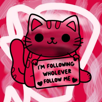cat with a sign that says i’m following whoever follows me