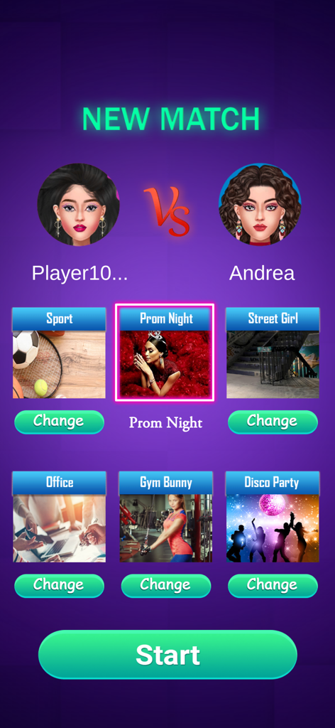 Fashion Battle Dress up Show - Pantalla de nueva partida que muestra a dos jugadores y temas de moda seleccionables como Noche de Graduación y Chica Callejera