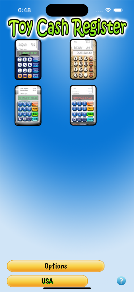 Main menu of the Cash Register Toy app showing different register styles and currency settings