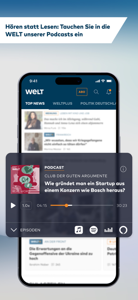 Interfaz del reproductor de podcasts en la aplicación móvil WELT News