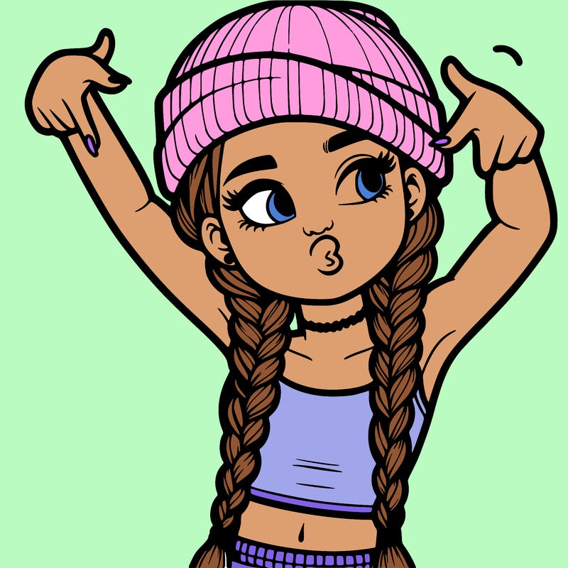 realistic teenage girl with braids and a beanie and crop top doing 🫶🏼