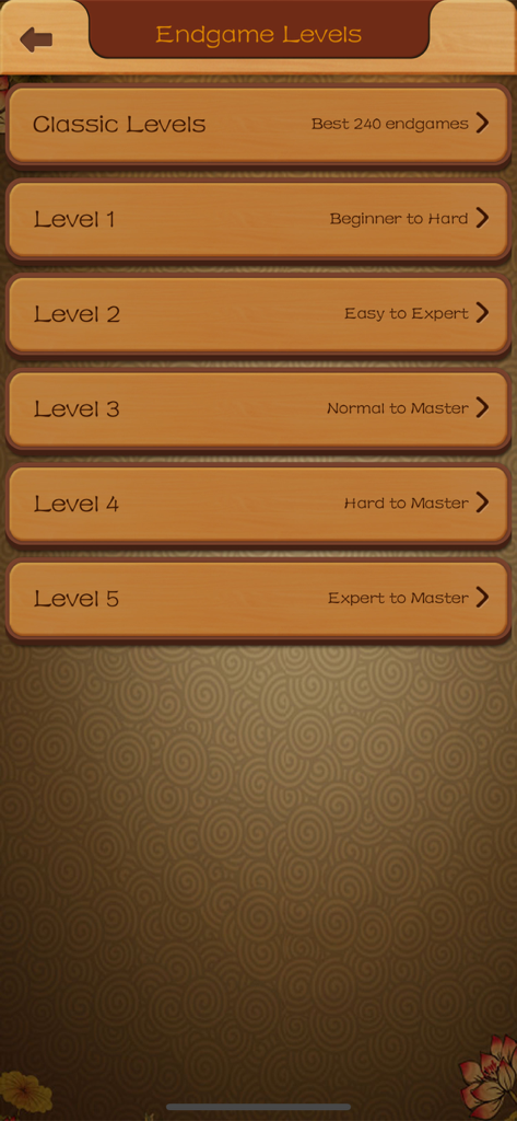Chinese Chess - China game - Endgame levels selection screen in the Chinese Chess app featuring various difficulty stages from beginner to master