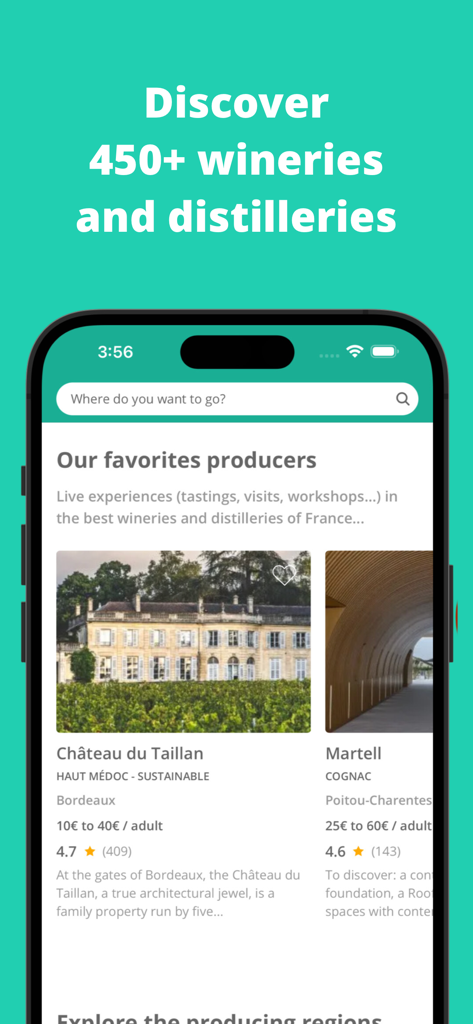 Rue des Vignerons - Rue des Vignerons mobile app screen showing winery and distillery discovery in France
