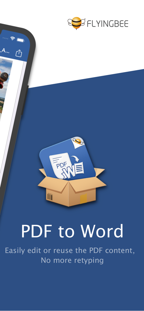 Promotional image for PDF to Word by Flyingbee app highlighting easy document conversion and editing.