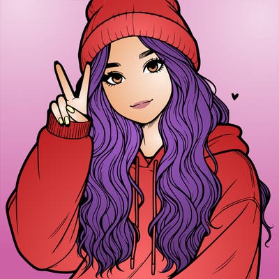 a teenage girl in a beanie, oversized sweatshirt, wavy long hair, and is showing a ✌️