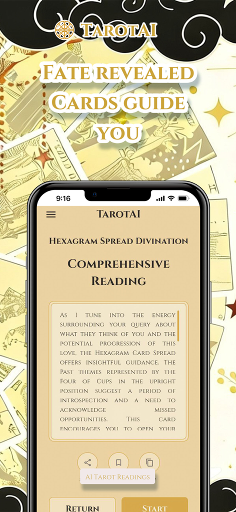TarotAI app screen showing a comprehensive tarot reading with a hexagram spread and AI guidance.