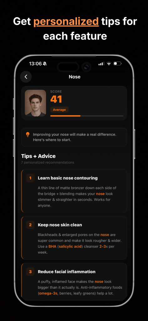 Ascend - Looksmax & Mog AI - Ascend app screen displaying a nose analysis score of 41 and personalized improvement tips like contouring and skincare advice