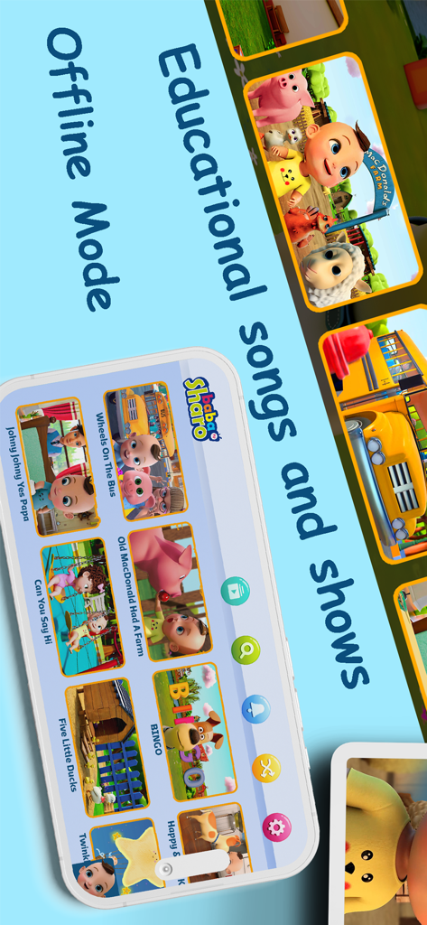 Interface de l'application BabaSharo Kids affichant des vidéos de comptines et du contenu éducatif avec mode hors ligne.