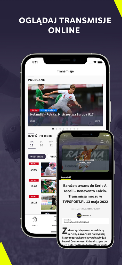 TVP Sport app interface displaying live football broadcasts and sports news articles in Polish