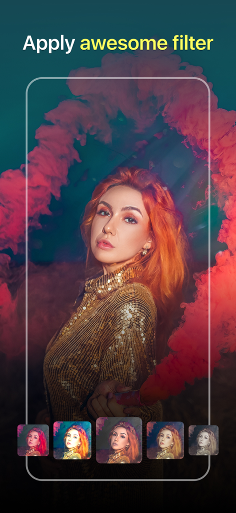 A woman with red hair and smoke effects showing the video filter selection interface in the app.