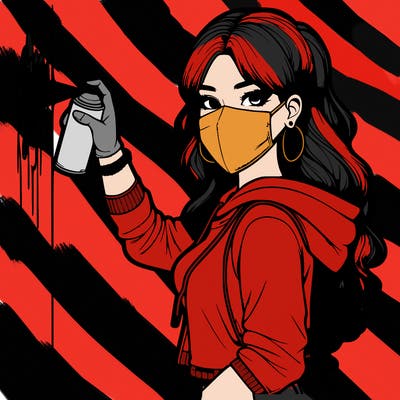 realistic girl with mask spray painting a wall