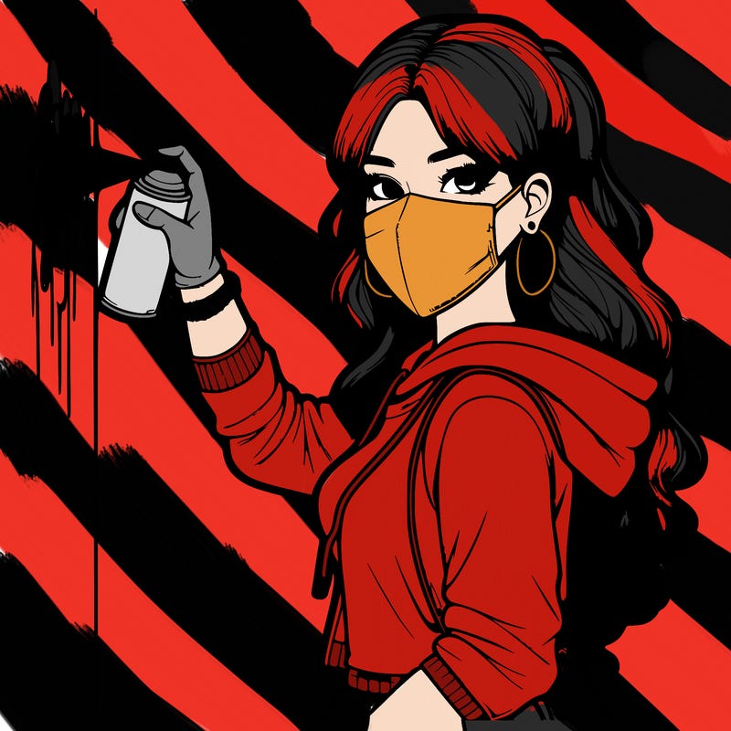 realistic girl with mask spray painting a wall