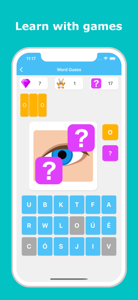 LuvLinguaスペイン語アプリ内の、目と文字選択ボードを表示している「単語推測」ゲームのインターフェース