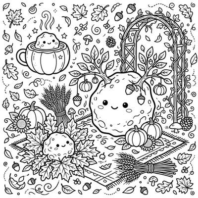 Dive into the heartwarming world of Vestoids celebrating autumn with this enchanting coloring page. Discover adorable characters surrounded by classic fall elements like pumpkins, leaves, and harvest treats, ready for your creative touch.