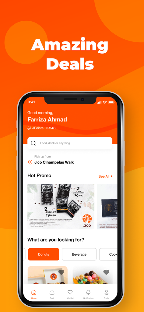 Schermata principale dell'app mobile J.CO che mostra promozioni speciali e categorie di bevande