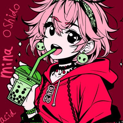 hot baddie anime girl drinking boba and biting the straw