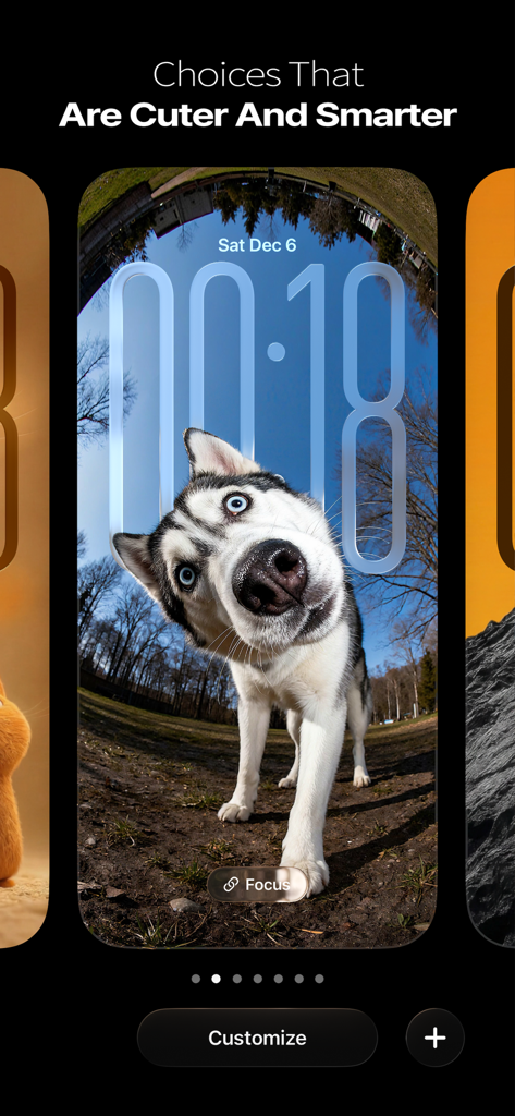 MWall – 4K Vertical Wallpapers - A preview of a 4K vertical wallpaper featuring a cute husky dog on an iPhone lock screen