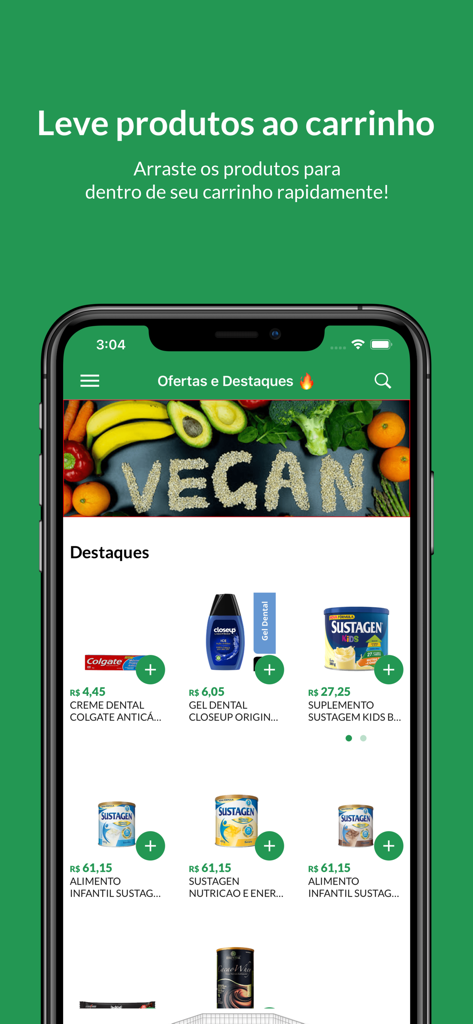 Supermercado Minibox - Tela de smartphone exibindo a interface do aplicativo Supermercado Minibox com produtos de supermercado e um banner vegano