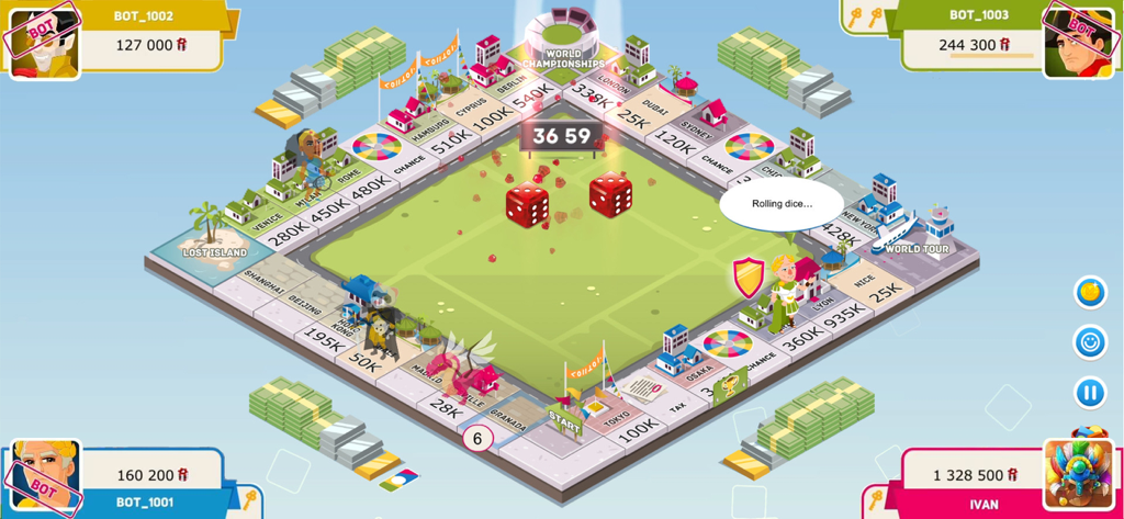 Business tour - Gameplay screen of Business Tour showing an isometric digital board game with players rolling dice and managing properties
