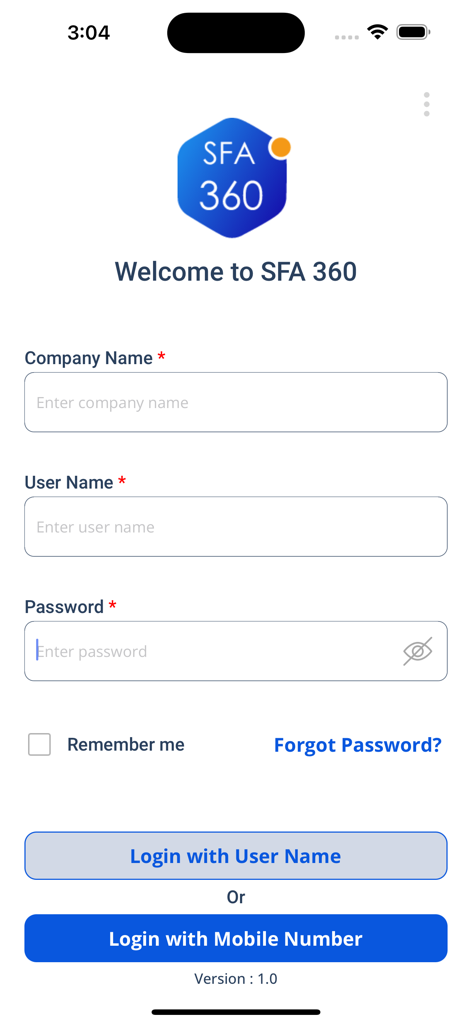 SFA360 - SFA360 mobile app login screen with fields for company name, username, and password