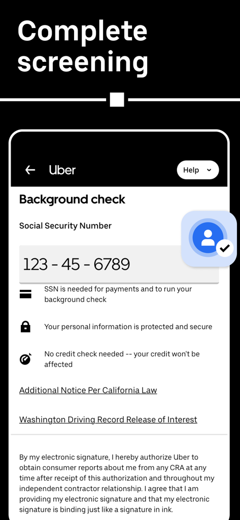 Uber Driver app background check screen asking for a Social Security Number to complete the driver screening process.