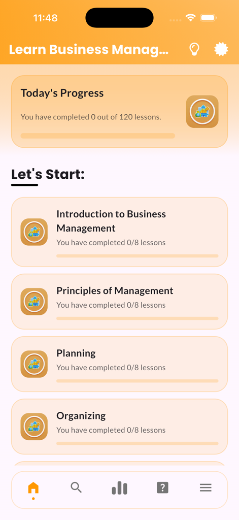 Learn Business Management - Dashboard of the Learn Business Management app showing lesson progress and a list of course modules like Principles of Management and Planning.
