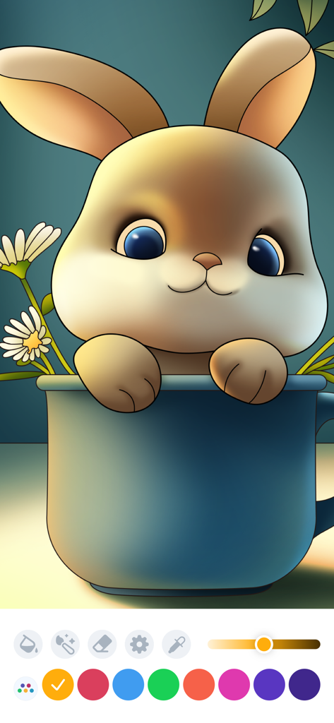 Coloring Book - ColorGuru - Une page de coloriage numérique d'un joli lapin dans une tasse bleue avec des marguerites et une palette de couleurs en dessous